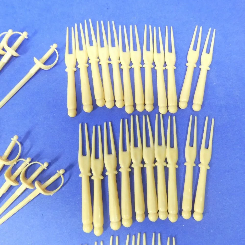Lot 89 Cocktail Picks Ivory Plastic Forks Swords Horses Vintage Hong Kong MCM